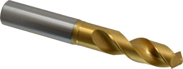 OSG - 15.00124mm 120° Spiral Flute Vanadium High Speed Steel Screw Machine Drill Bit - TiN Finish, Right Hand Cut, 56mm Flute Length, 116mm OAL, Faceted Point, Straight Shank - USA Tool & Supply