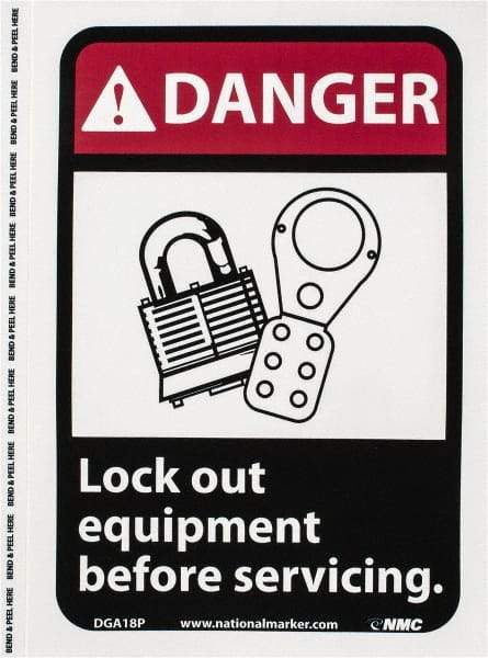 NMC - "Danger - Lock Out Equipment Before Servicing", 10" Long x 7" Wide, Pressure-Sensitive Vinyl Safety Sign - Rectangle, 0.004" Thick, Use for Accident Prevention - USA Tool & Supply