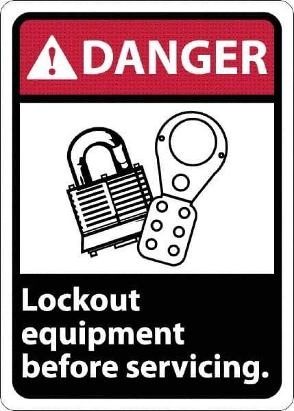 NMC - "Danger - Lock Out Equipment Before Servicing", 10" Long x 7" Wide, Rigid Plastic Safety Sign - Rectangle, 0.05" Thick, Use for Accident Prevention - USA Tool & Supply