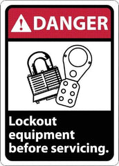 NMC - "Danger - Lock Out Equipment Before Servicing", 10" Long x 7" Wide, Rigid Plastic Safety Sign - Rectangle, 0.05" Thick, Use for Accident Prevention - USA Tool & Supply