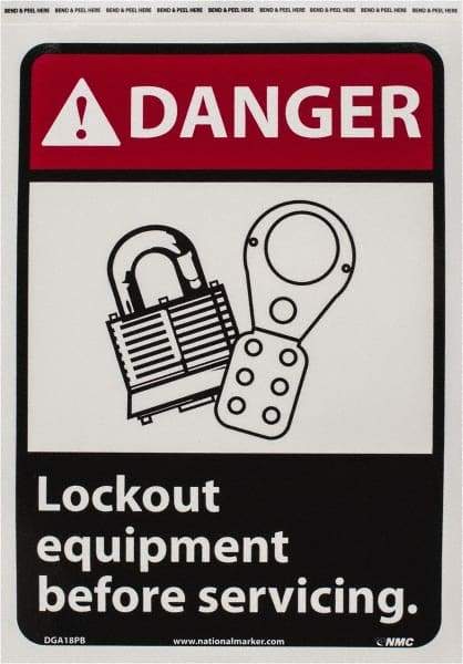 NMC - "Danger - Lock Out Equipment Before Servicing", 14" Long x 10" Wide, Pressure-Sensitive Vinyl Safety Sign - Rectangle, 0.004" Thick, Use for Accident Prevention - USA Tool & Supply