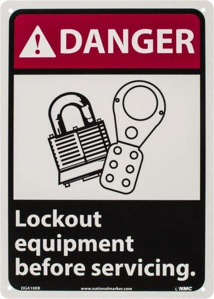 NMC - "Danger - Lock Out Equipment Before Servicing", 14" Long x 10" Wide, Rigid Plastic Safety Sign - Rectangle, 0.05" Thick, Use for Accident Prevention - USA Tool & Supply