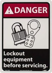 NMC - "Danger - Lock Out Equipment Before Servicing", 14" Long x 10" Wide, Rigid Plastic Safety Sign - Rectangle, 0.05" Thick, Use for Accident Prevention - USA Tool & Supply