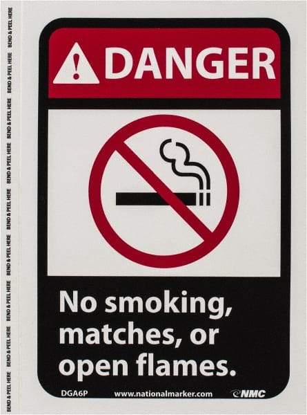 NMC - "Danger - No Smoking, Matches or Open Flames", 10" Long x 7" Wide, Pressure-Sensitive Vinyl Safety Sign - Rectangle, 0.004" Thick, Use for Accident Prevention - USA Tool & Supply