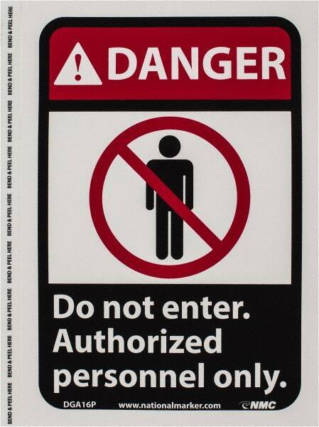 NMC - "Danger - Do Not Enter - Authorized Personnel Only", 10" Long x 7" Wide, Pressure-Sensitive Vinyl Safety Sign - Rectangle, 0.004" Thick, Use for Security & Admittance - USA Tool & Supply