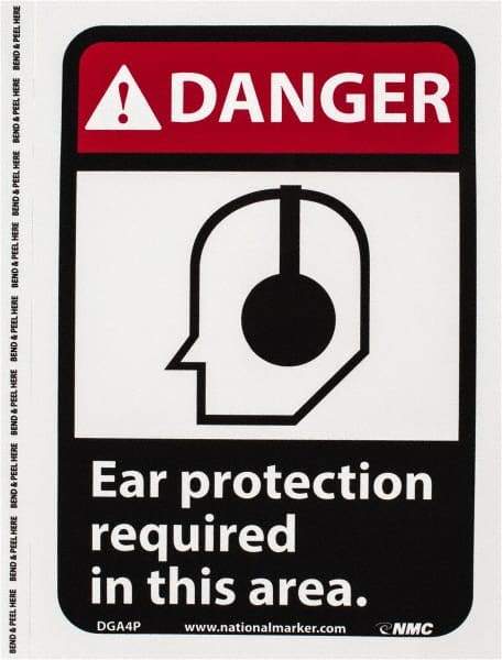 NMC - "Danger - Ear Protection Required in This Area", 10" Long x 7" Wide, Pressure-Sensitive Vinyl Safety Sign - Rectangle, 0.004" Thick, Use for Accident Prevention - USA Tool & Supply