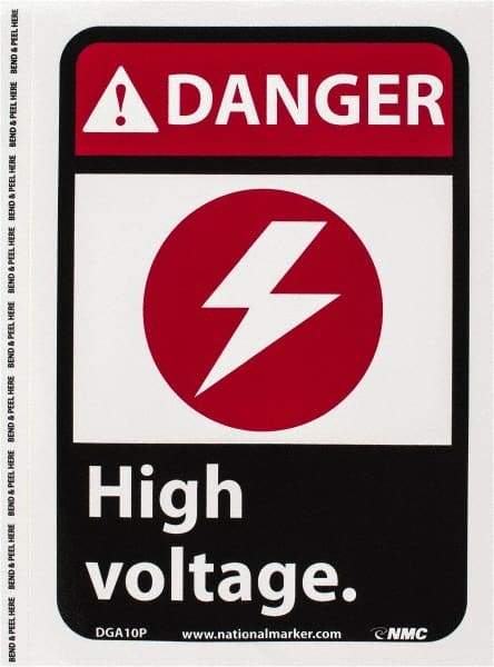 NMC - "Danger - High Voltage", 10" Long x 7" Wide, Pressure-Sensitive Vinyl Safety Sign - Rectangle, 0.004" Thick, Use for Accident Prevention - USA Tool & Supply