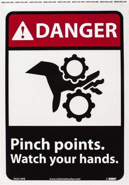 NMC - "Danger - Pinch Points - Watch Your Hands", 14" Long x 10" Wide, Pressure-Sensitive Vinyl Safety Sign - Rectangle, 0.004" Thick, Use for Accident Prevention - USA Tool & Supply