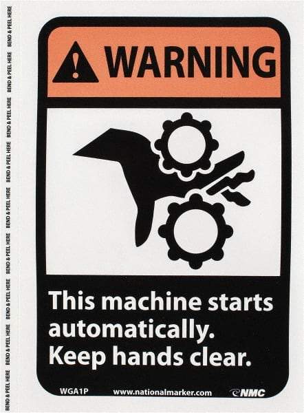 NMC - "Warning - This Machine Starts Automatically - Keep Hands Clear", 10" Long x 7" Wide, Pressure-Sensitive Vinyl Safety Sign - Rectangle, 0.004" Thick, Use for Accident Prevention - USA Tool & Supply