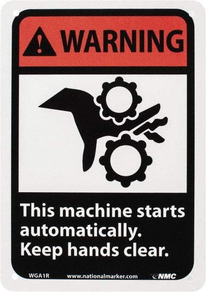 NMC - "Warning - This Machine Starts Automatically - Keep Hands Clear", 10" Long x 7" Wide, Rigid Plastic Safety Sign - Rectangle, 0.05" Thick, Use for Accident Prevention - USA Tool & Supply