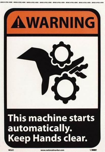 NMC - "Warning - This Machine Starts Automatically - Keep Hands Clear", 14" Long x 10" Wide, Pressure-Sensitive Vinyl Safety Sign - Rectangle, 0.004" Thick, Use for Accident Prevention - USA Tool & Supply