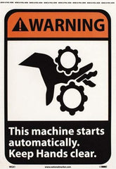 NMC - "Warning - This Machine Starts Automatically - Keep Hands Clear", 14" Long x 10" Wide, Pressure-Sensitive Vinyl Safety Sign - Rectangle, 0.004" Thick, Use for Accident Prevention - USA Tool & Supply