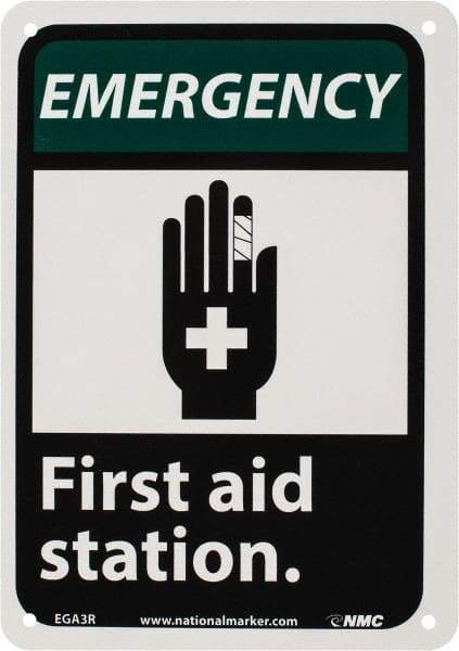 NMC - "Emergency - First Aid Station", 10" Long x 7" Wide, Rigid Plastic Safety Sign - Rectangle, 0.05" Thick, Use for First Aid - USA Tool & Supply