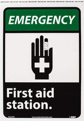 NMC - "Emergency - First Aid Station", 14" Long x 10" Wide, Pressure-Sensitive Vinyl Safety Sign - Rectangle, 0.004" Thick, Use for First Aid - USA Tool & Supply