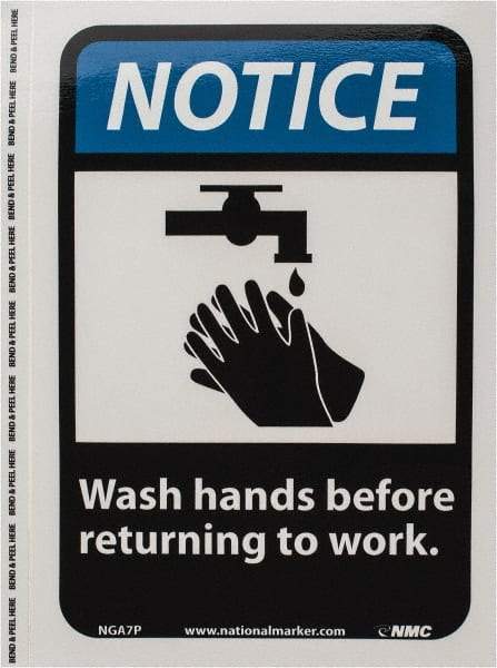 NMC - "Notice - Wash Hands Before Returning to Work", 10" Long x 7" Wide, Pressure-Sensitive Vinyl Safety Sign - Rectangle, 0.004" Thick, Use for Restroom, Janitorial & Housekeeping - USA Tool & Supply