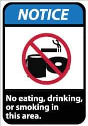 NMC - "Notice - No Eating, Drinking or Smoking in This Area", 14" Long x 10" Wide, Pressure-Sensitive Vinyl Safety Sign - Rectangle, 0.004" Thick, Use for Security & Admittance - USA Tool & Supply