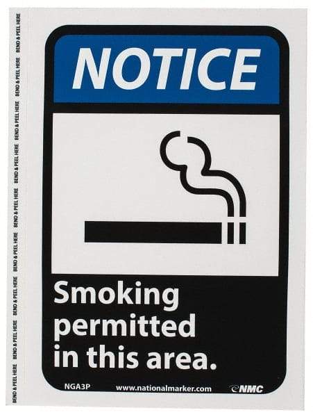 NMC - "Notice - Smoking Permitted in This Area", 10" Long x 7" Wide, Pressure-Sensitive Vinyl Safety Sign - Rectangle, 0.004" Thick, Use for Security & Admittance - USA Tool & Supply