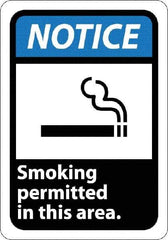 NMC - "Notice - Smoking Permitted in This Area", 10" Long x 7" Wide, Rigid Plastic Safety Sign - Rectangle, 0.05" Thick, Use for Security & Admittance - USA Tool & Supply