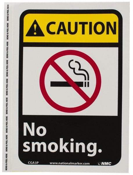 NMC - "Caution - No Smoking", 10" Long x 7" Wide, Pressure-Sensitive Vinyl Safety Sign - Rectangle, 0.004" Thick, Use for Accident Prevention - USA Tool & Supply