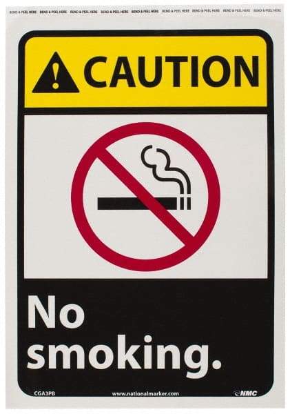 NMC - "Caution - No Smoking", 14" Long x 10" Wide, Pressure-Sensitive Vinyl Safety Sign - Rectangle, 0.004" Thick, Use for Accident Prevention - USA Tool & Supply