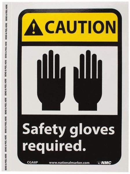 NMC - "Caution - Safety Gloves Required", 10" Long x 7" Wide, Pressure-Sensitive Vinyl Safety Sign - Rectangle, 0.004" Thick, Use for Accident Prevention - USA Tool & Supply