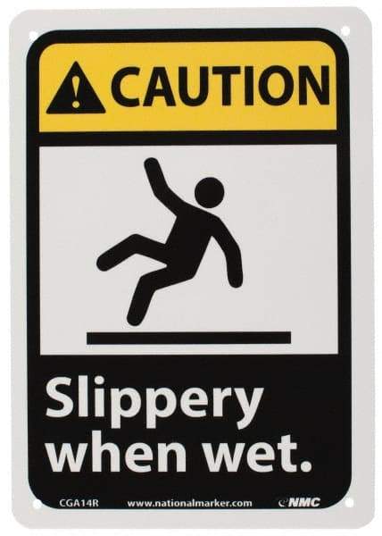 NMC - "Caution - Slippery When Wet", 10" Long x 7" Wide, Rigid Plastic Safety Sign - Rectangle, 0.05" Thick, Use for Accident Prevention - USA Tool & Supply