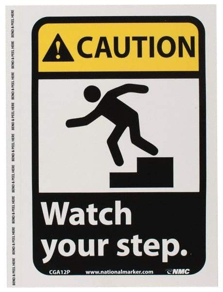 NMC - "Caution - Watch Your Step", 10" Long x 7" Wide, Pressure-Sensitive Vinyl Safety Sign - Rectangle, 0.004" Thick, Use for Accident Prevention - USA Tool & Supply