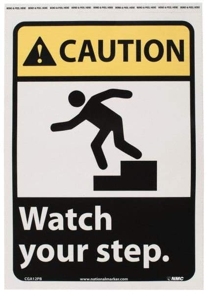 NMC - "Caution - Watch Your Step", 14" Long x 10" Wide, Pressure-Sensitive Vinyl Safety Sign - Rectangle, 0.004" Thick, Use for Accident Prevention - USA Tool & Supply