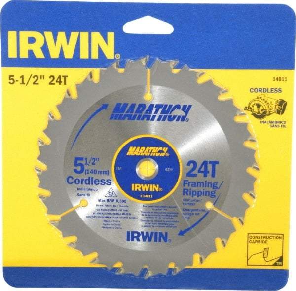 Irwin - 5-1/2" Diam, 10mm Arbor Hole Diam, 24 Tooth Wet & Dry Cut Saw Blade - Carbide-Tipped, Framing & Ripping Action, Standard Round Arbor - USA Tool & Supply