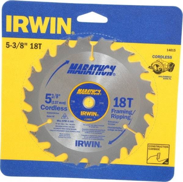 Irwin - 5-3/8" Diam, 10mm Arbor Hole Diam, 18 Tooth Wet & Dry Cut Saw Blade - Carbide-Tipped, Framing & Ripping Action, Standard Round Arbor - USA Tool & Supply