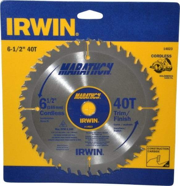 Irwin - 6-1/2" Diam, 5/8" Arbor Hole Diam, 40 Tooth Wet & Dry Cut Saw Blade - Carbide-Tipped, Trimming Action, Standard Round Arbor - USA Tool & Supply