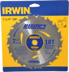 Irwin - 7-1/4" Diam, 5/8" Arbor Hole Diam, 18 Tooth Wet & Dry Cut Saw Blade - Carbide-Tipped, Framing & Ripping Action, Diamond Arbor - USA Tool & Supply