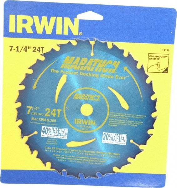 Irwin - 7-1/4" Diam, 5/8" Arbor Hole Diam, 24 Tooth Wet & Dry Cut Saw Blade - Carbide-Tipped, General Purpose Action, Diamond Arbor - USA Tool & Supply