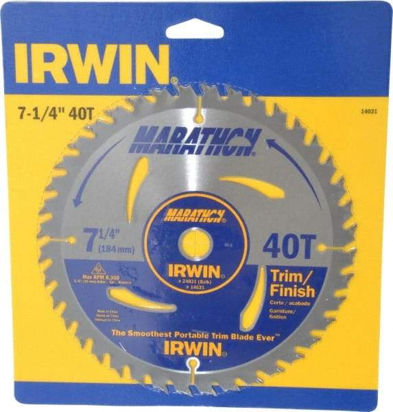 Irwin - 7-1/4" Diam, 5/8" Arbor Hole Diam, 40 Tooth Wet & Dry Cut Saw Blade - Carbide-Tipped, Finishing & Trimming Action, Diamond Arbor - USA Tool & Supply