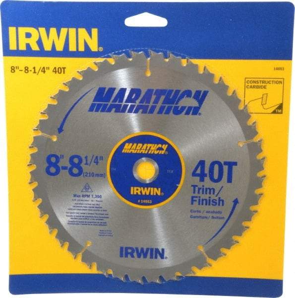 Irwin - 8-1/4" Diam, 5/8" Arbor Hole Diam, 40 Tooth Wet & Dry Cut Saw Blade - Carbide-Tipped, Finishing & Trimming Action, Diamond Arbor - USA Tool & Supply