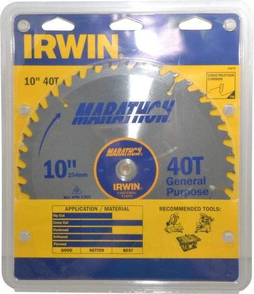 Irwin - 10" Diam, 5/8" Arbor Hole Diam, 40 Tooth Wet & Dry Cut Saw Blade - Carbide-Tipped, General Purpose Action, Standard Round Arbor - USA Tool & Supply