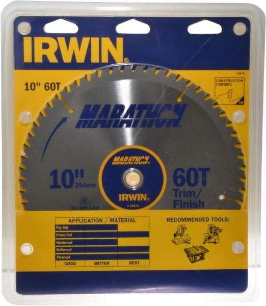 Irwin - 10" Diam, 5/8" Arbor Hole Diam, 60 Tooth Wet & Dry Cut Saw Blade - Carbide-Tipped, Finishing & Trimming Action, Standard Round Arbor - USA Tool & Supply