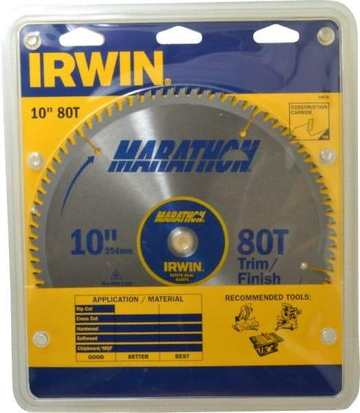 Irwin - 10" Diam, 5/8" Arbor Hole Diam, 80 Tooth Wet & Dry Cut Saw Blade - Carbide-Tipped, Finishing & Trimming Action, Standard Round Arbor - USA Tool & Supply