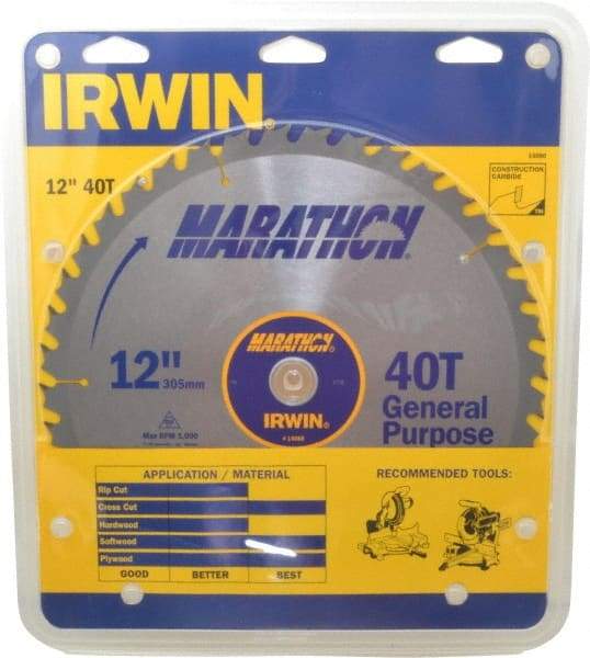 Irwin - 12" Diam, 1" Arbor Hole Diam, 40 Tooth Wet & Dry Cut Saw Blade - Carbide-Tipped, General Purpose Action, Standard Round Arbor - USA Tool & Supply