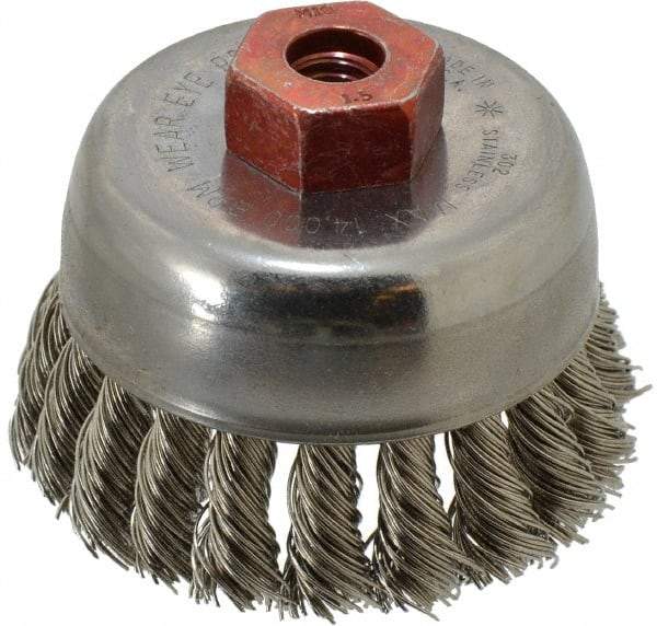 Anderson - 2-3/4" Diam, M10x1.50 Threaded Arbor, Stainless Steel Fill Cup Brush - 0.02 Wire Diam, 3/4" Trim Length, 14,000 Max RPM - USA Tool & Supply