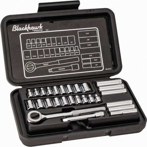 Blackhawk by Proto - 27 Piece 1/4" Drive Deep Well Socket Set - 6, 12 Points, 3/16" to 1/2" (4mm to 13mm) Range, Inch/Metric Measurement Standard - USA Tool & Supply