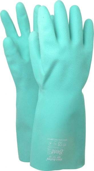 SHOWA - Size XL (10), 15" Long, 22 mil Thick, Nitrile Chemical Resistant Gloves - Textured Finish, Slip-On Cuff, ANSI Abrasion Level 4, ANSI Cut Level 0, ANSI Puncture Level 1, Green - USA Tool & Supply