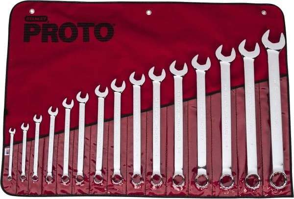 Proto - 15 Piece, 5/16" to 1-1/4", 12 Point Combination Wrench Set - Inch Measurement Standard, Full Polish Finish, Comes in Vinyl Roll - USA Tool & Supply