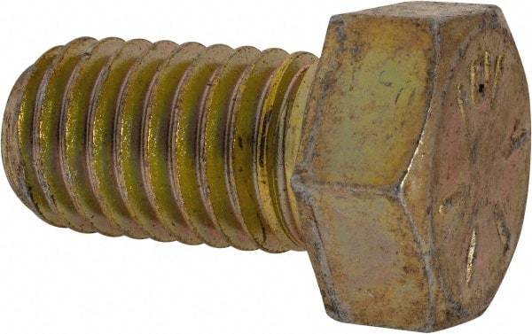 Made in USA - 9/16-12 UNC, 1" Length Under Head Hex Head Cap Screw - Fully Threaded, Grade 8 Alloy Steel, Zinc Yellow Dichromate Finish, 13/16" Hex - USA Tool & Supply