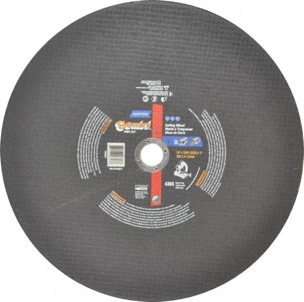 Norton - 14" Aluminum Oxide Cutoff Wheel - 3/32" Thick, 1" Arbor, 4,365 Max RPM, Use with Stationary Tools - USA Tool & Supply