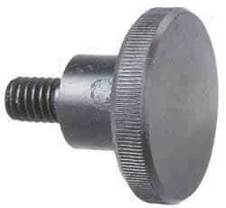 Morton Machine Works - 1/4-20 Knurled Shoulder Grade C-12L14 Steel Thumb Screw - 1-3/8" OAL, 1" Head Diam x 1/4" Head Height, Black Oxide Finish - USA Tool & Supply