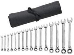 GearWrench - 16 Piece, 8mm to 25mm, 6 Point Combination Wrench Set - Metric Measurement Standard, Chrome Finish, Comes in Vinyl Pouch - USA Tool & Supply