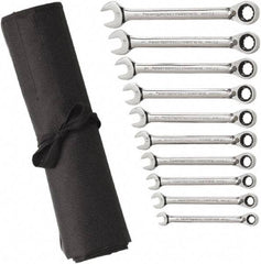 GearWrench - 10 Piece, 10mm to 19mm, 6 Point Combination Wrench Set - Metric Measurement Standard, Chrome Finish, Comes in Vinyl Pouch - USA Tool & Supply