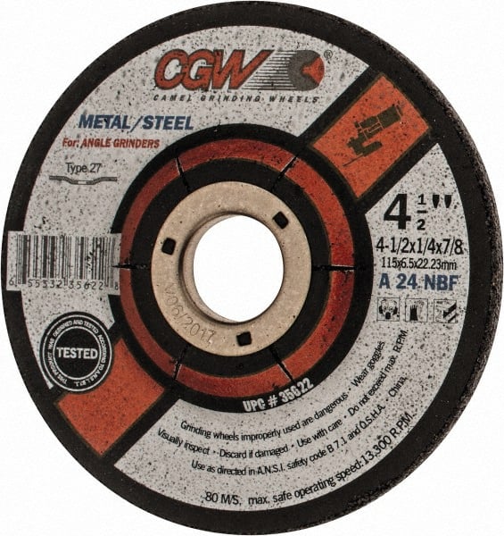 CGW Abrasives - 24 Grit, 4-1/2" Diam x 1/4" Thick x 7/8" Arbor, Type 27 Depressed Center Wheel - USA Tool & Supply