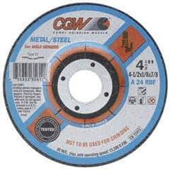 Camel Grinding Wheels - 24 Grit, 4-1/2" Wheel Diam, 1/8" Wheel Thickness, Type 27 Depressed Center Wheel - Aluminum Oxide, Resinoid Bond, Q Hardness, 13,300 Max RPM, Compatible with Angle Grinder - USA Tool & Supply